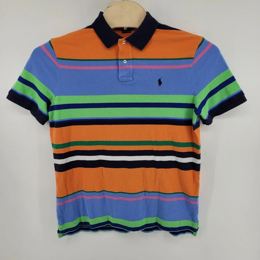 Polo Ralph Lauren Polo Shirt Mens Large Orange Striped Classic Fit Short‎ Sleeve